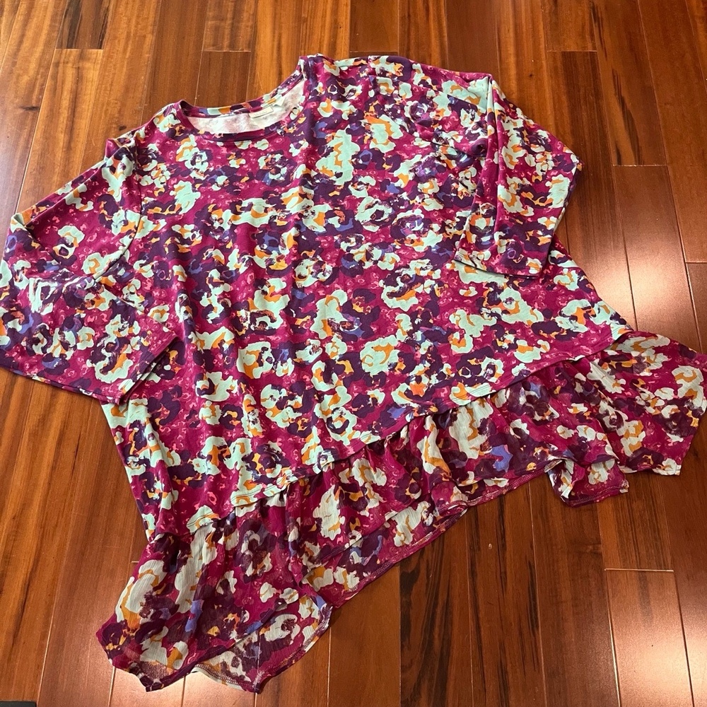 LOGO Lounge Lori Goldstein Top Floral Print‎ Ruffle Hem Knit Long Sleeve Plus 5X